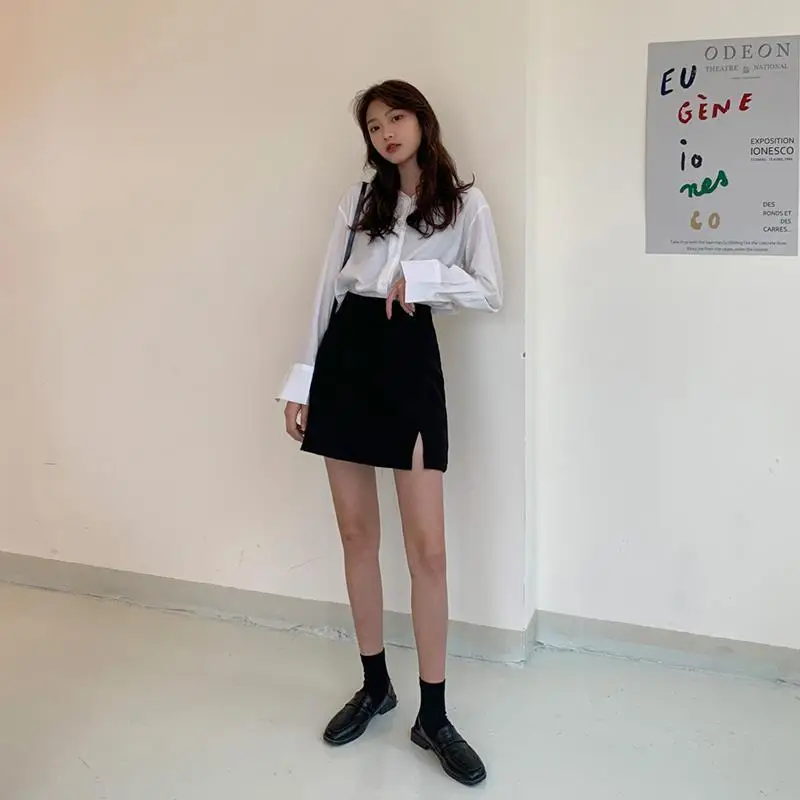 Skirts Women Split Elegant Office Ladies Spring Mujer Faldas Casual Hot Sale A-line Black   Design Comfortable Ulzzang