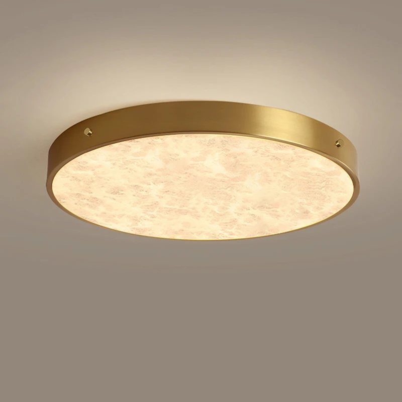 

European Style Light Luxury All Copper Natural Marble Ceiling Lamp Retro Circular Black Villa Living Room Bedroom Led Lighting