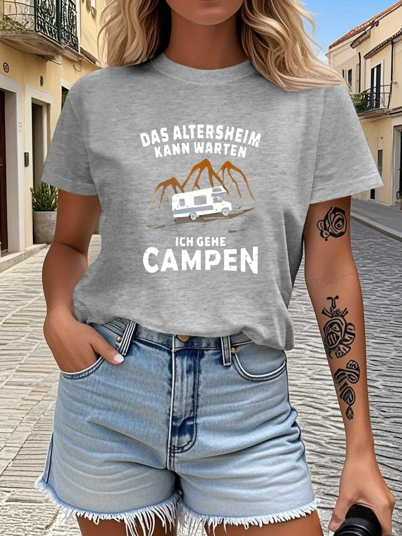 تي شيرت نسائي برسومات RV التخييم الألمانية الفكاهة مع تصميم شاحنة التخييم الجبلية Harajuku بأكمام قصيرة كاجوال #4