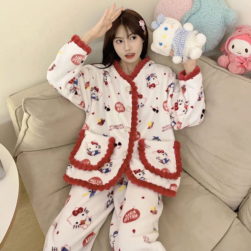 New Sanrio Hello Kitty Can Go Out Pajamas Cute Flannel Cardigan Loungewear Thickened Long-sleeved Pants Loose Set Christmas Gift