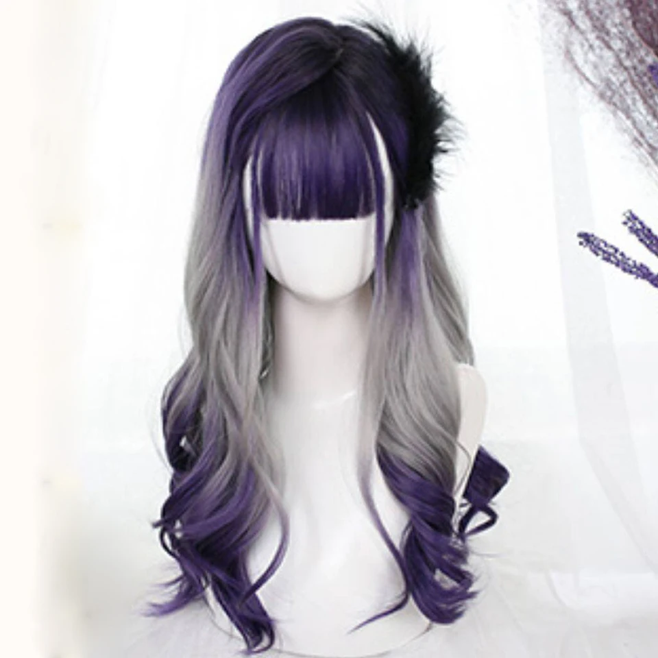 Long Wavy Ombre Purple Synthetic Wig Heat-Resistant Lolita Wig For Cosplay Halloween Party With Bangs