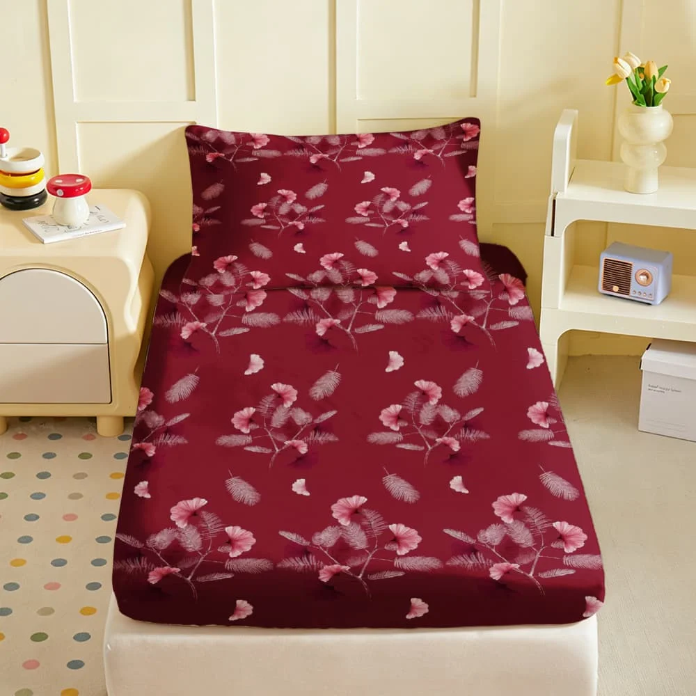 1pc Pink Silk Tree Burgundy Floral Print Fitted Sheet Deep Pocket Elastic Mattress Cover Single Double Queen King Bedroom Decor