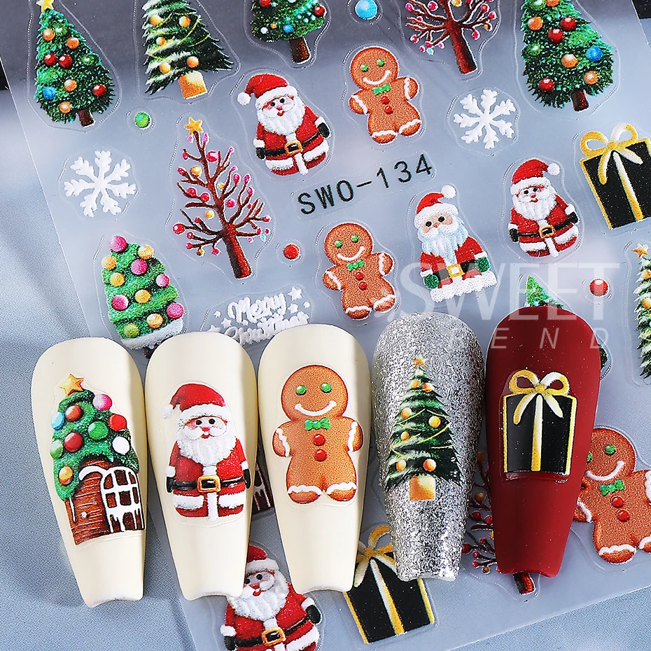 3pcs 양각 크리스마스 네일 스티커 귀여운 눈사람 눈송이 산타 클로스 활 네일 데칼 가을 겨울 네일 용품 장식