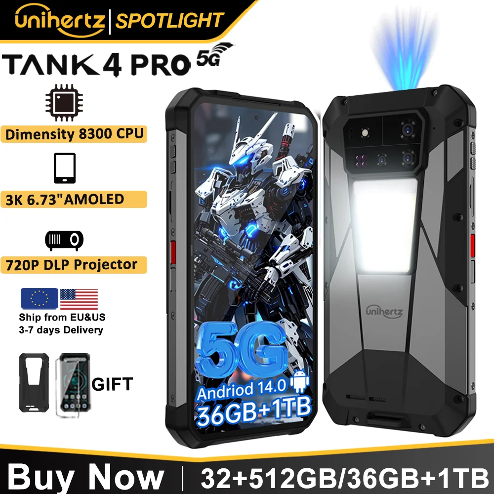 Unihertz by 8849 Tank 4 pro 5G AI Rugged Phone Built-in 720P Projector Dimensity 8300 512GB/1TB ROM 3k AMOLED 11600mAh IP68/IP69