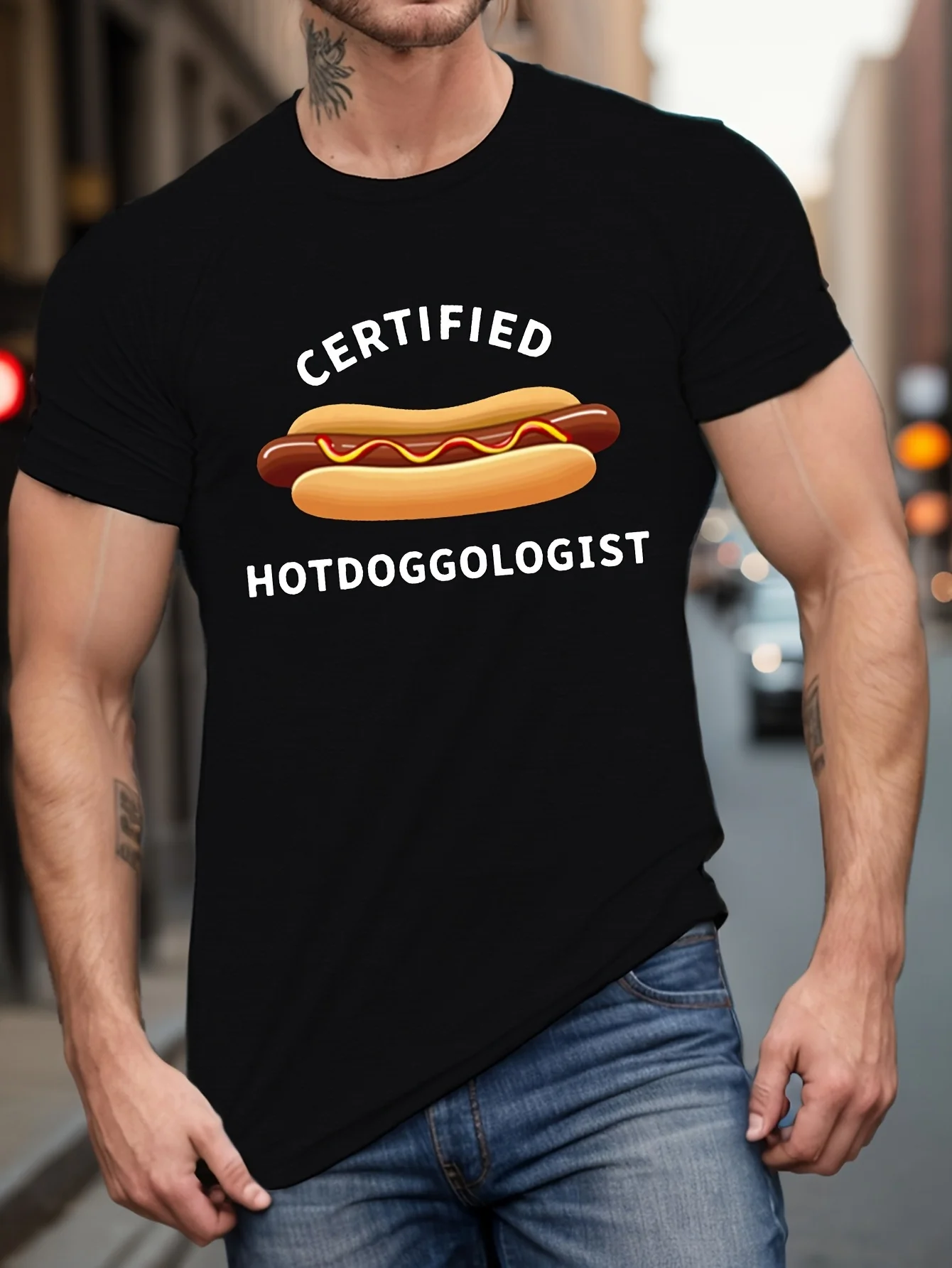2026 Plus Size Men's Funny Hot Dog Graphic T-Shirt - Certified Hotdogologist Design, Lightweight Crew Neck Tee for BBQ, Gym, Cas