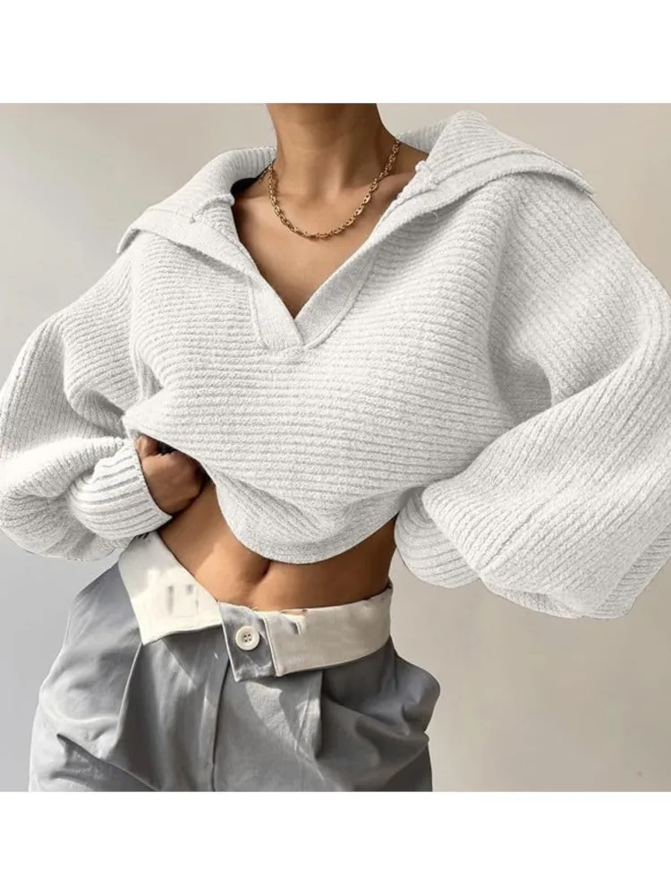 

2025 Sweater Pullover Woman Clothing Pulls Femmes Winter Autumn Casual Commuting Solid Color Lapel Loose Simple Style All-match