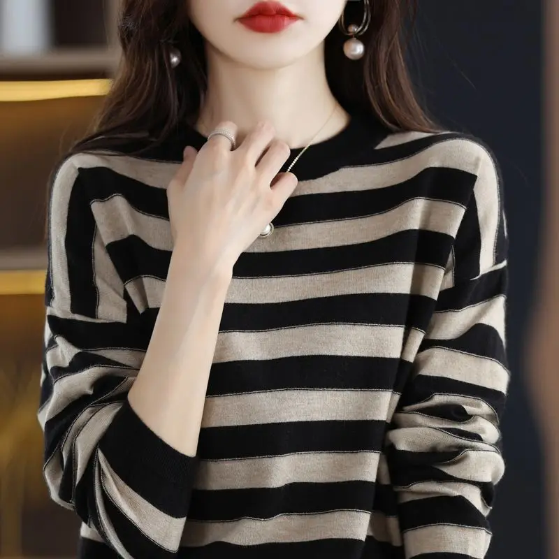 2022 Autumn Winter Korean Simple Striped Soft Basic Knitwear Jumpers Women Casual Round Neck Long Sleeve Pullover Tops Clothing