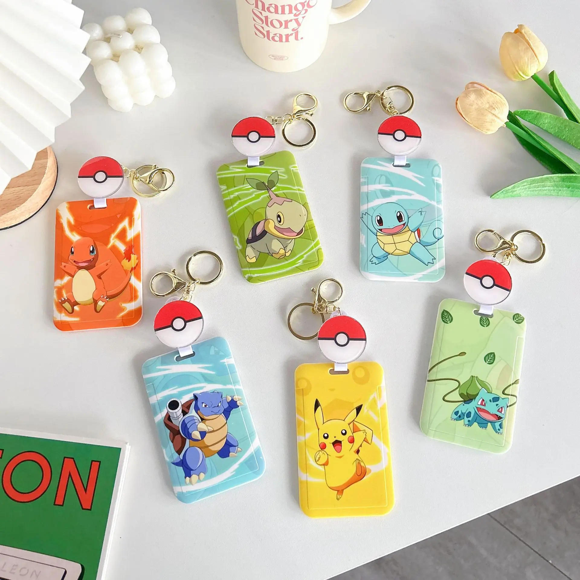 Pokemon Card Cover Kawaii Cartoon Figure Pikachu Bulbasaur Bus Card Protector School Bag Doll Pendant Keychain Kids Gift