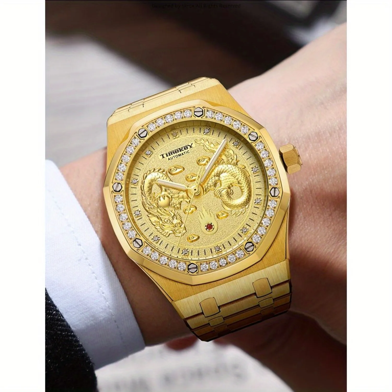 Automatic Steel Mechanical Watch with Diamonds, Prismatic Bezel, Chinese Dragon Dial, Luminous Water Resistant, Men's Watch