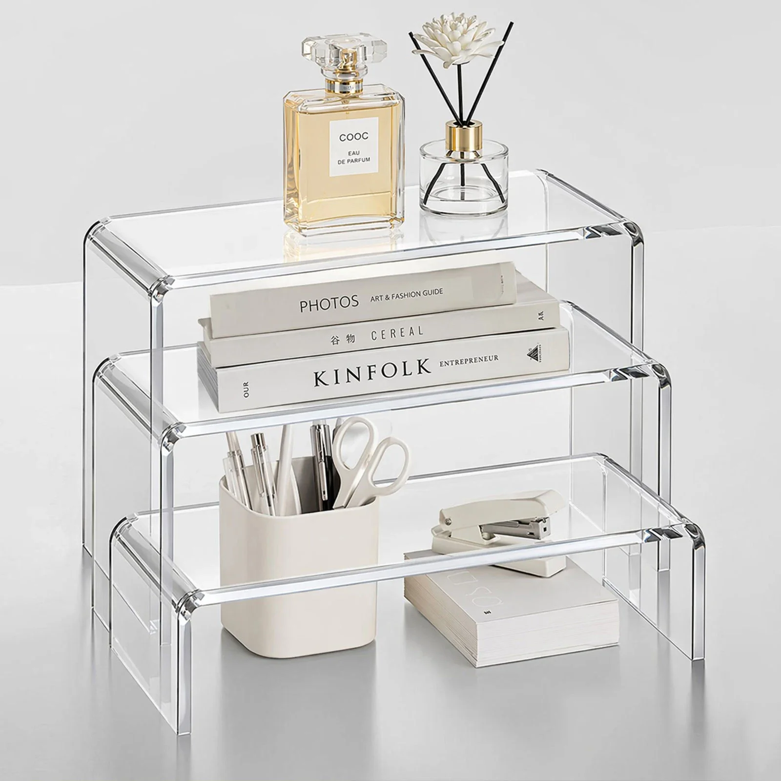yesAcrylic U-Shaped Desk Display Stand Transparent Storage Rack, Monitor Riser for Figure Organizer Tiered Cabinet Divided Shelf