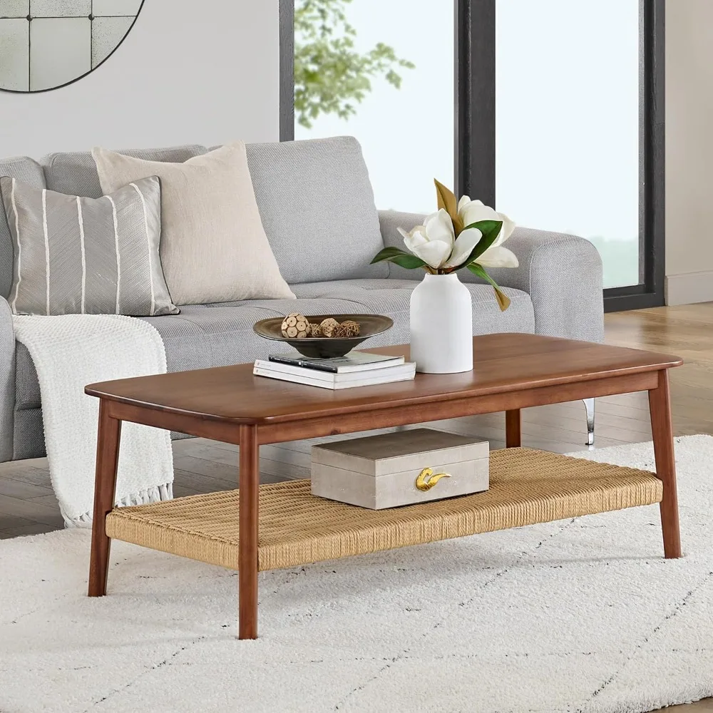 

Calais Collection 48 Living Room Coffee Table with Woven Shelf - Solid Acacia Wood
