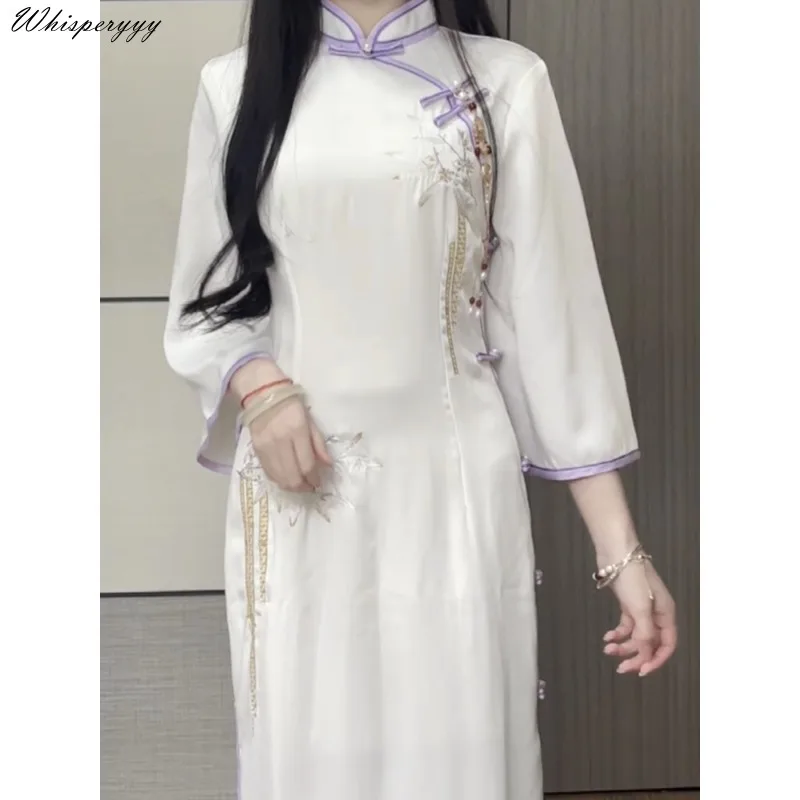 

Spring Autumn 2023 New White Purple Cheongsam Women Long Dress Temperament Female Chinese Style Qipao Vintage Elegant