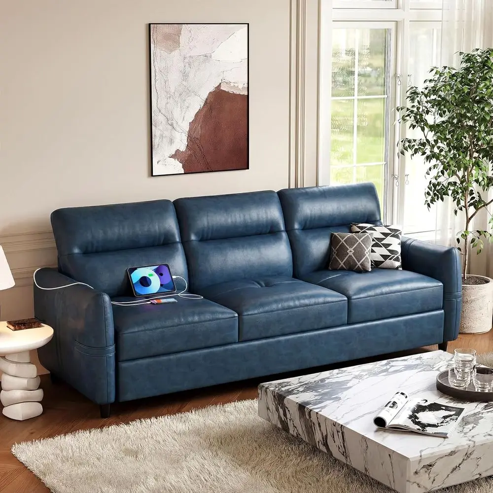 

85 Modern 3-Seater Leather Sofa with USB Port, Suitable for Living Room or Bedroom
