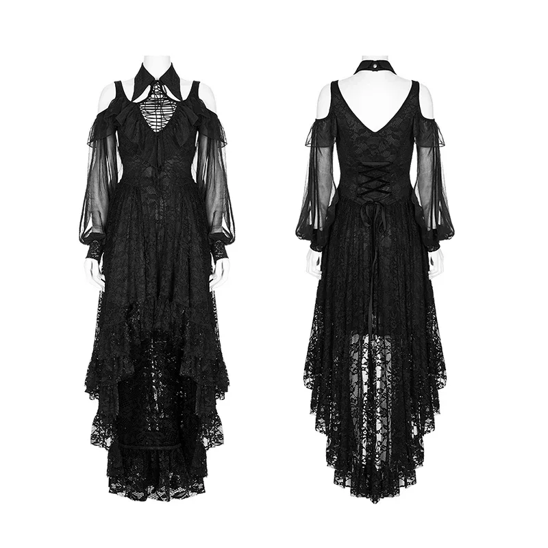 PUNK RAVE Women\'s Gothic Irregular Hem Lace Slim Fit Dress Sexy Off-the-shoulder Slit Sleeves Light and Flow Black Long Dresses