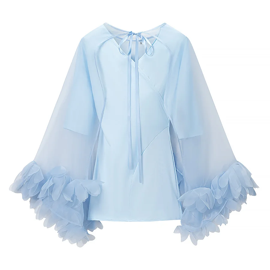 2026 Summer Women's Vintage Chic French Romantic Sheer Loose Shirts Tops Lady Elegant Street Floral Petal Trim Blouse Outfits