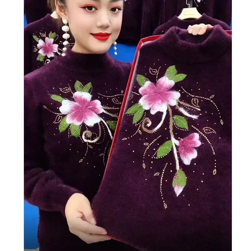 Pop Pop Sweater Autumn And Winter Thicken Imitation Mink Fleece Embroidered Sweater Fashion Middle Old Age Knitted Warm Top Pull
