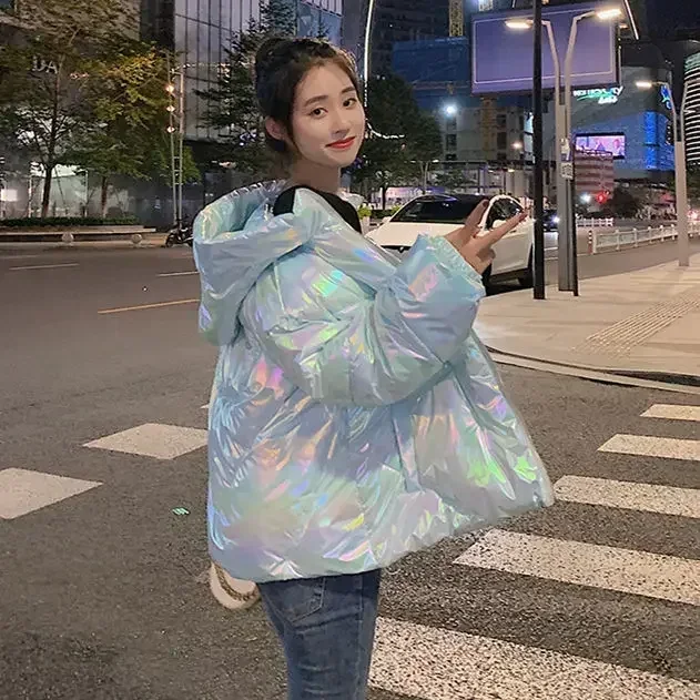 Tpjb novas mulheres parkas inverno laser grosso casual coreano doce completo cintura alta zíper solto meninas parkas casaco