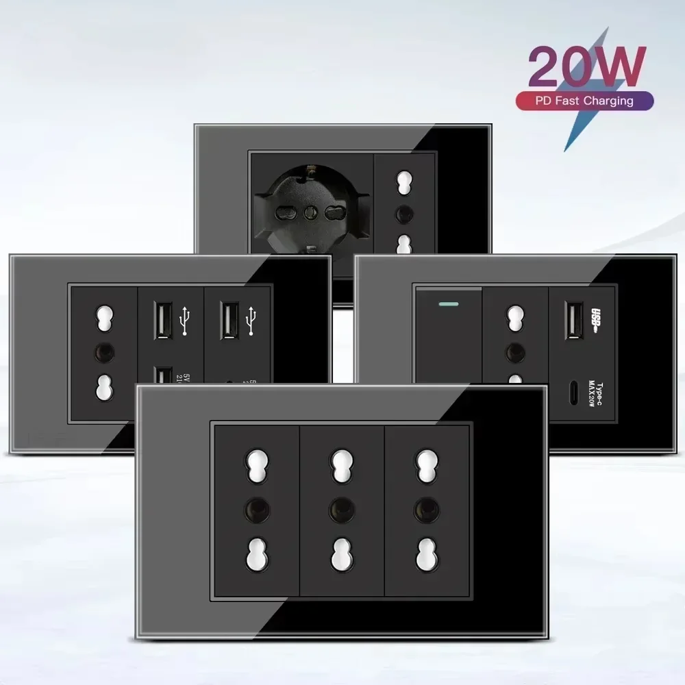 

ELEGAN Black Tempered Glass Italy USB Type C Fast Charging Wall Socket Schuko Tuya Wifi Smart Switch NET TV Tel Doorbell Chile
