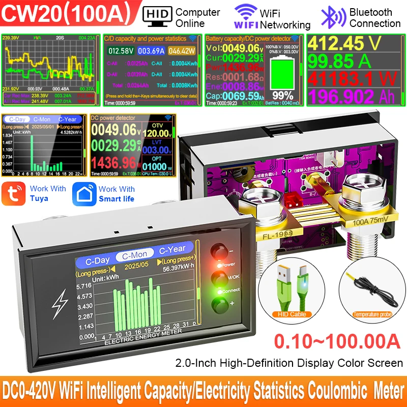 CW20 DC0-420V WiFi Tuya Smart Digital Lithium Batterie Kapazität Erkennung Tester DC Display Spannung Strom Power Coulomb Meter
