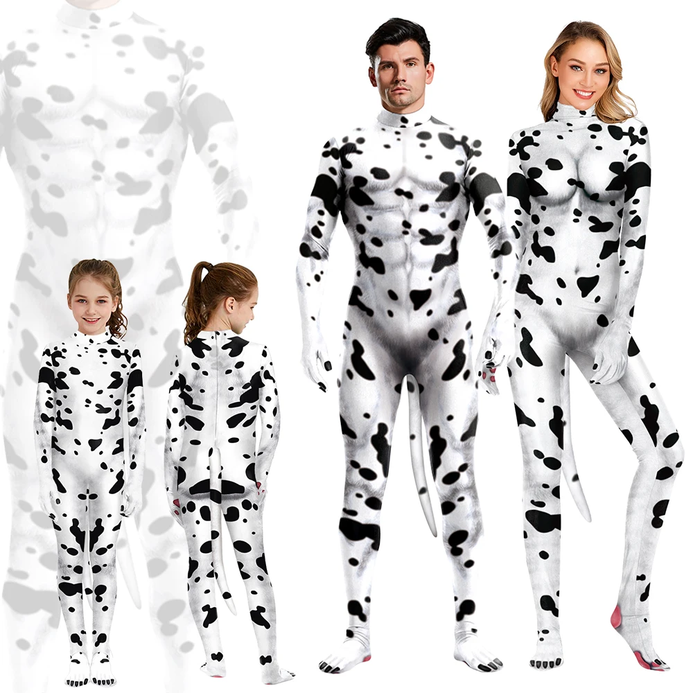 Cosplay Milchkuh Ganzkörper Kostüm Familie Set Cat suits Overall Tier gedruckt mit Wagel Bodys erwachsene Kinder Zentai