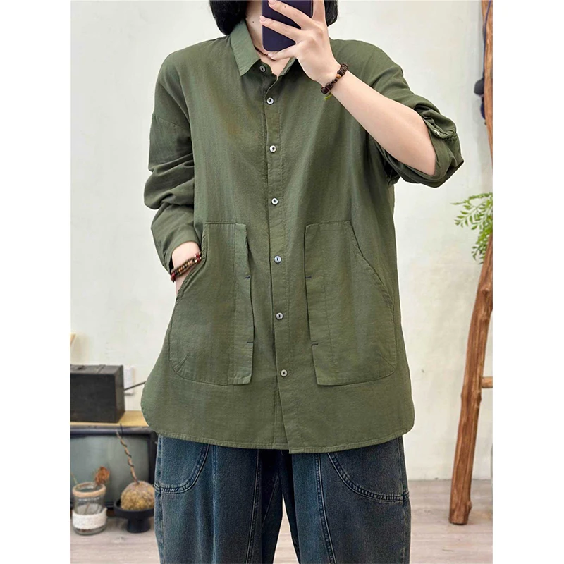 Masss Wasss 2025 Korean Ladies Fashion Autumn Casual Shirts Solid Cotton Tops Womens Loose Classic Elegant Long Sleeve Blouses