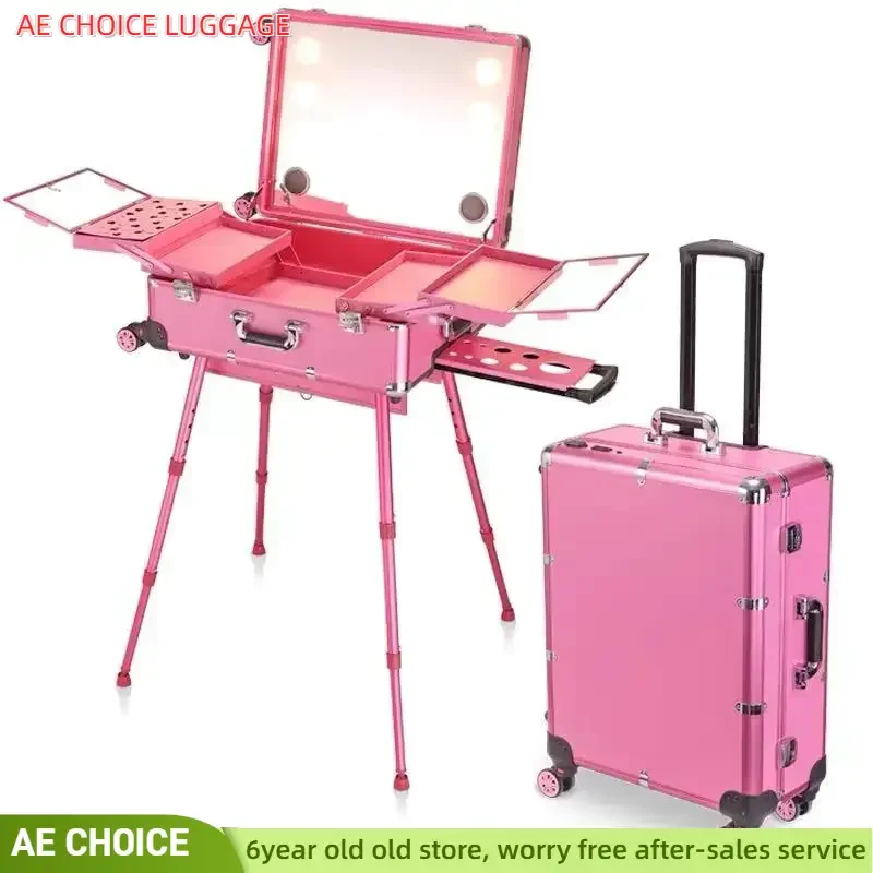 NEW Professional Rolling Cosmetic Case Beauty Makeup Trolley suitcase LED Light Mirror Luggage Aluminum frame Folding table