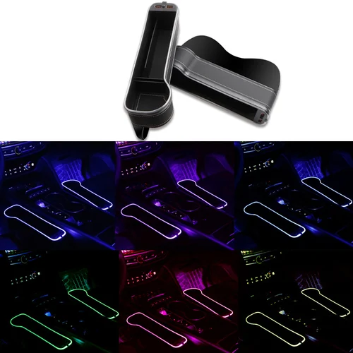 Imagen 2 del producto Portavasos para relleno de espacio de asiento de coche, caja organizadora de almacenamiento de grietas LED que cambia de 7 colores con cargador de 2USB, accesorios para coche
