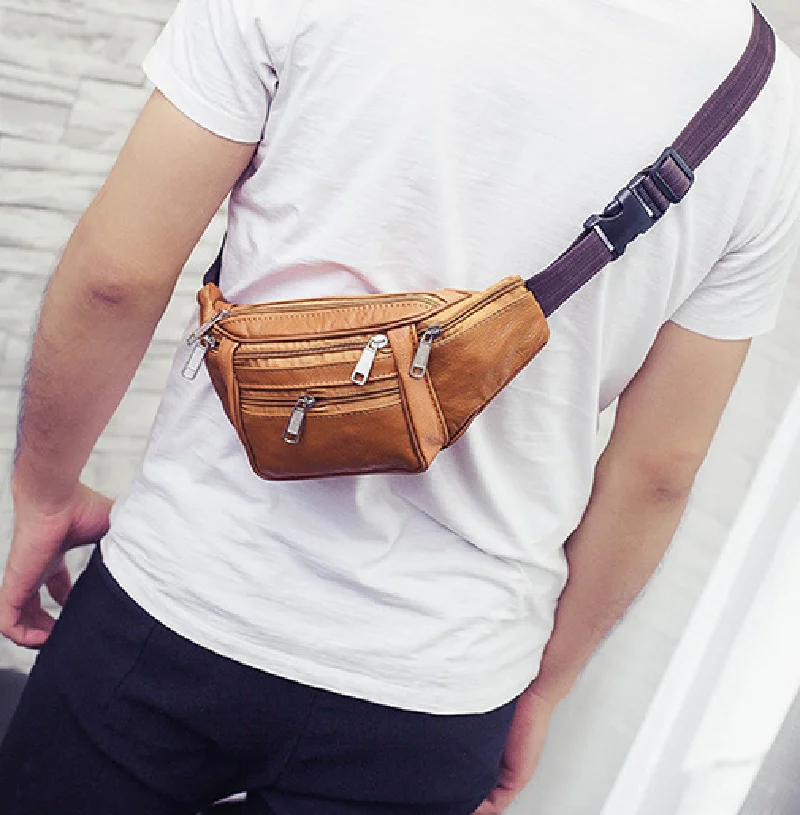 Bolsa de cintura de couro genuíno para homens, Fanny Pack engraçado, saco de cinto, bolsa de corrente para telefone