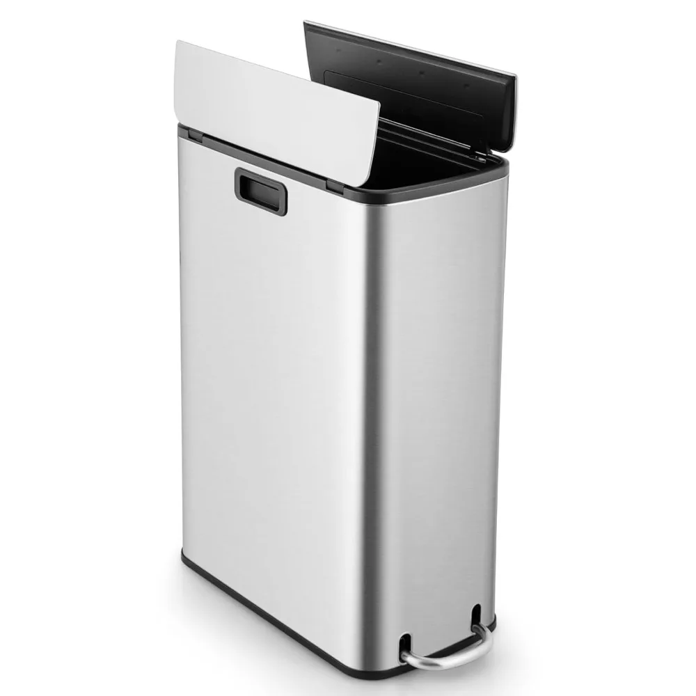 12 Gallon Stainless Steel Trash Can, Kitchen Waste Bin with Soft-Closing Wing Lids & Removable Inner Bucket, Slim Step Ga