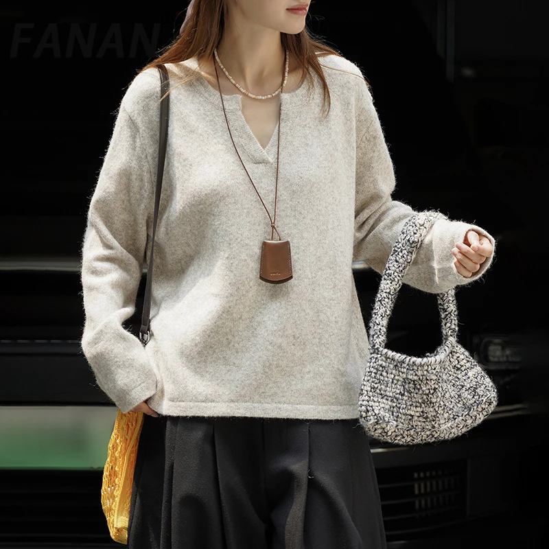 

FANAN Minimalism Wool Knitting Pullover Sweater For Women Round Neck Casual Loose Tops Fashion Warm Clothes 2025 Autumn New
