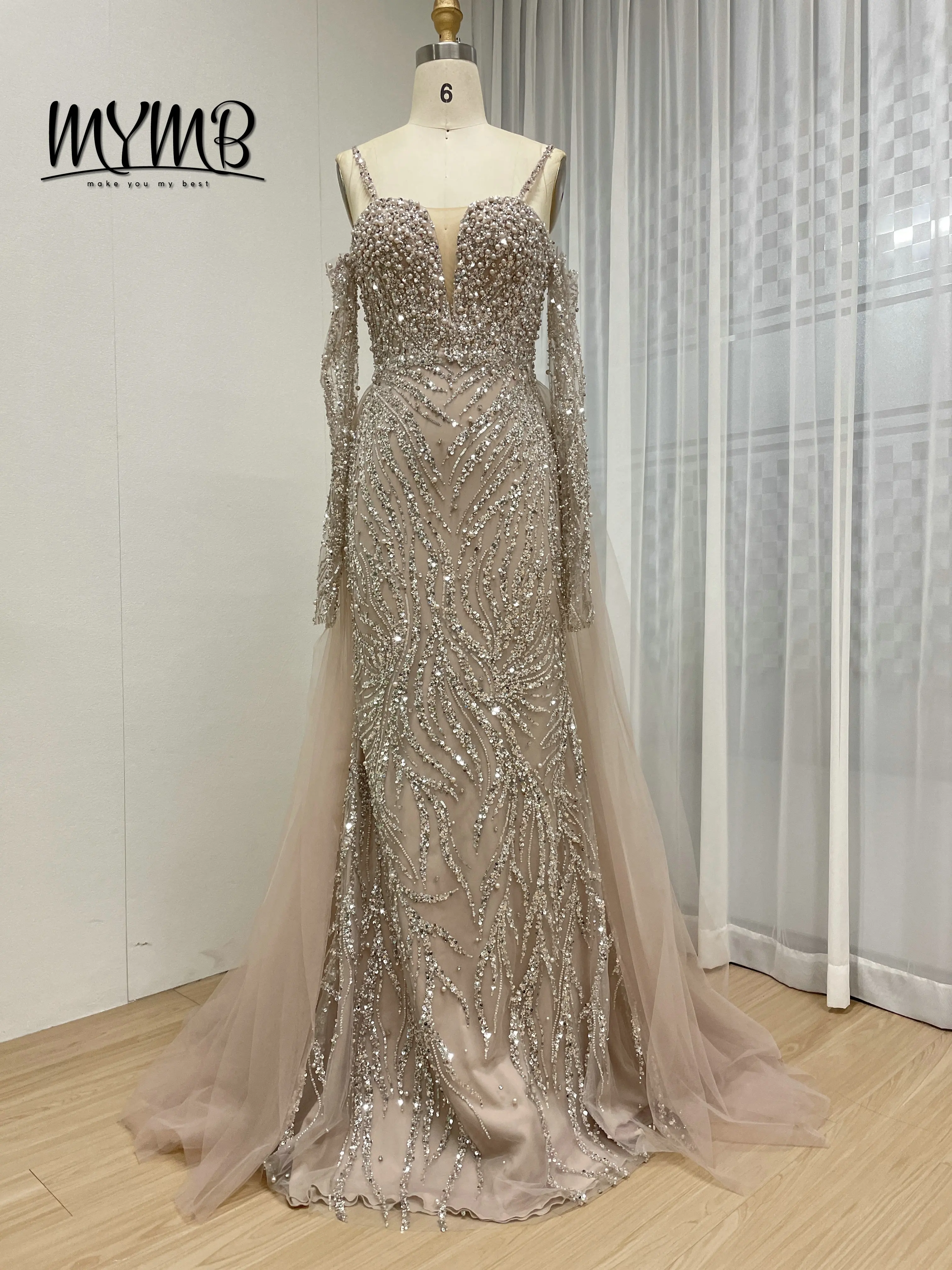 

MYMB Розовое вечернее платье русалки Роскошные рукава с открытыми плечами и тяжелым бисером, блестками, тюлевым шлейфом, вечерние платья MY30130-2