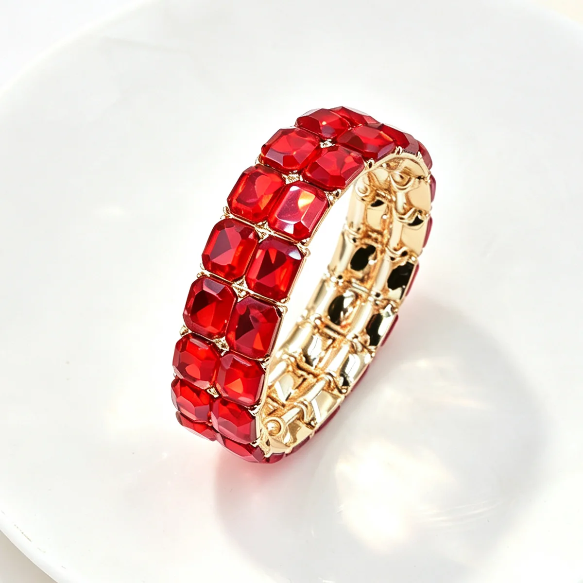 Europäisches und amerikanisches Retro-Doppelreihen-Armband mit geometrischen Formen aus Legierung und Kristallen, elastisch, für Damen, Party, Modeschmuck – Detail 5