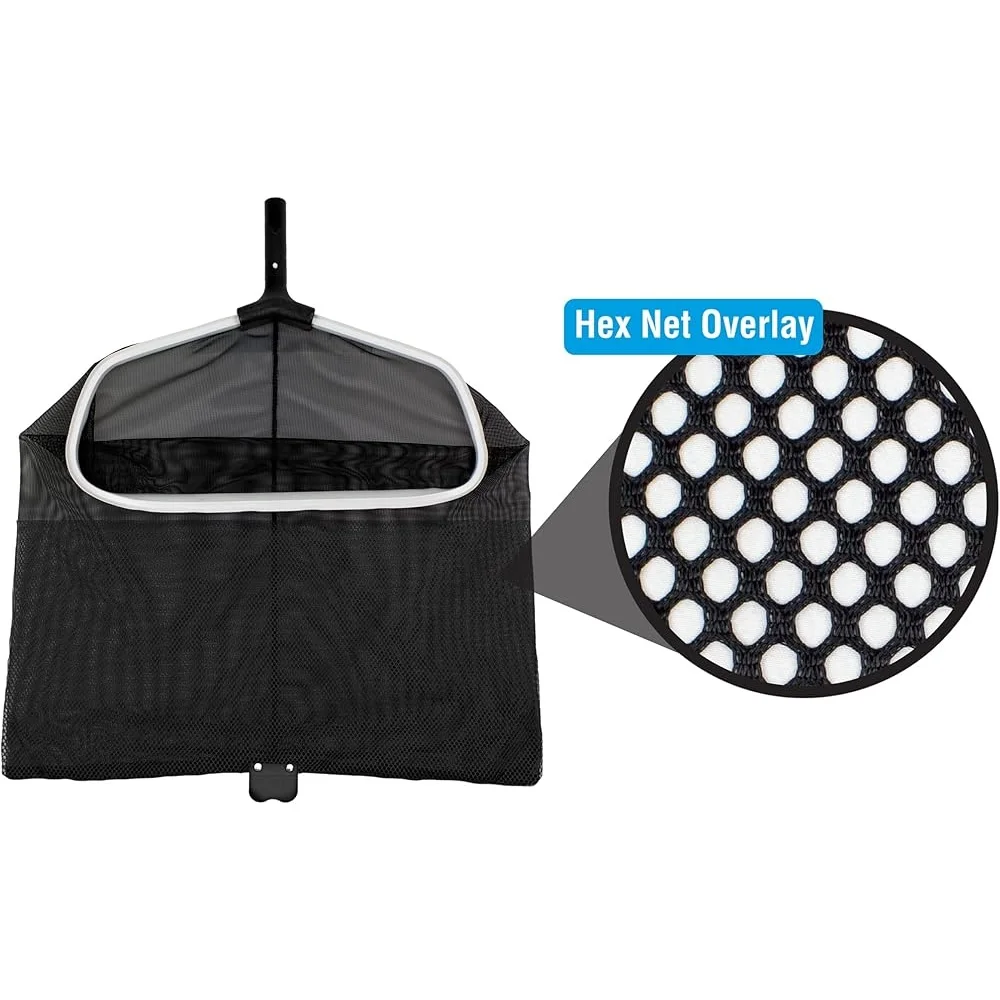 Heavy Duty Pool Leaf Rake with Double Mesh Net Commercial Grade Aluminum Frame Unbreakable Handle Bracket Easy Assembly Inground