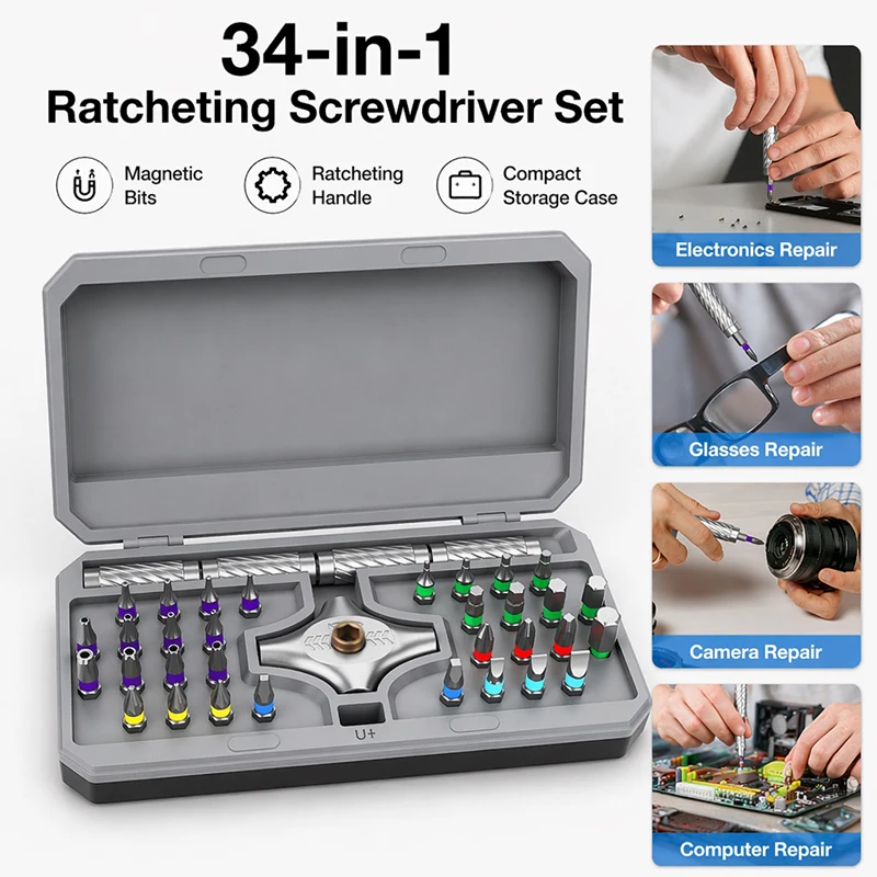 34-in-1 Ratchet Screwdriver Set with Alloy Steel Bits & Magnetic Handle Multifunctional Professional for Home Appliance Repair
