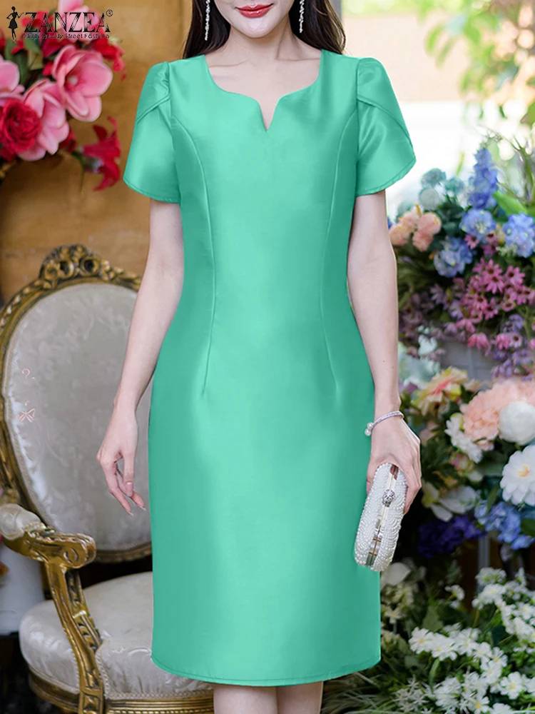 Zanzea gracioso commute curto robes femme com decote em v fino ajuste das mulheres pétala manga na altura do joelho vestidos elegantes de festa de cetim