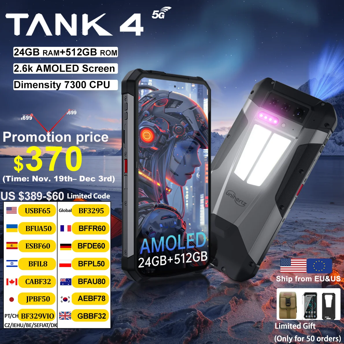 yZ[z[hv~AzUnihertz by 8849 Tank 4 X}[gtH 720PvWFN^[ 5GΉ 24+512GB 11600mAh Dimensity 7300 AMOLED 120Hz