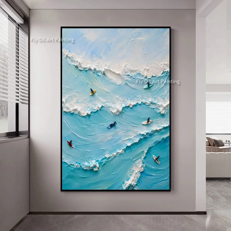 Bright Tropical Surf Scene Relief Canvas, Original Heavy‑Paint Hand‑Crafted Seascape, Colorful Coastal Contemporary Wall Piece