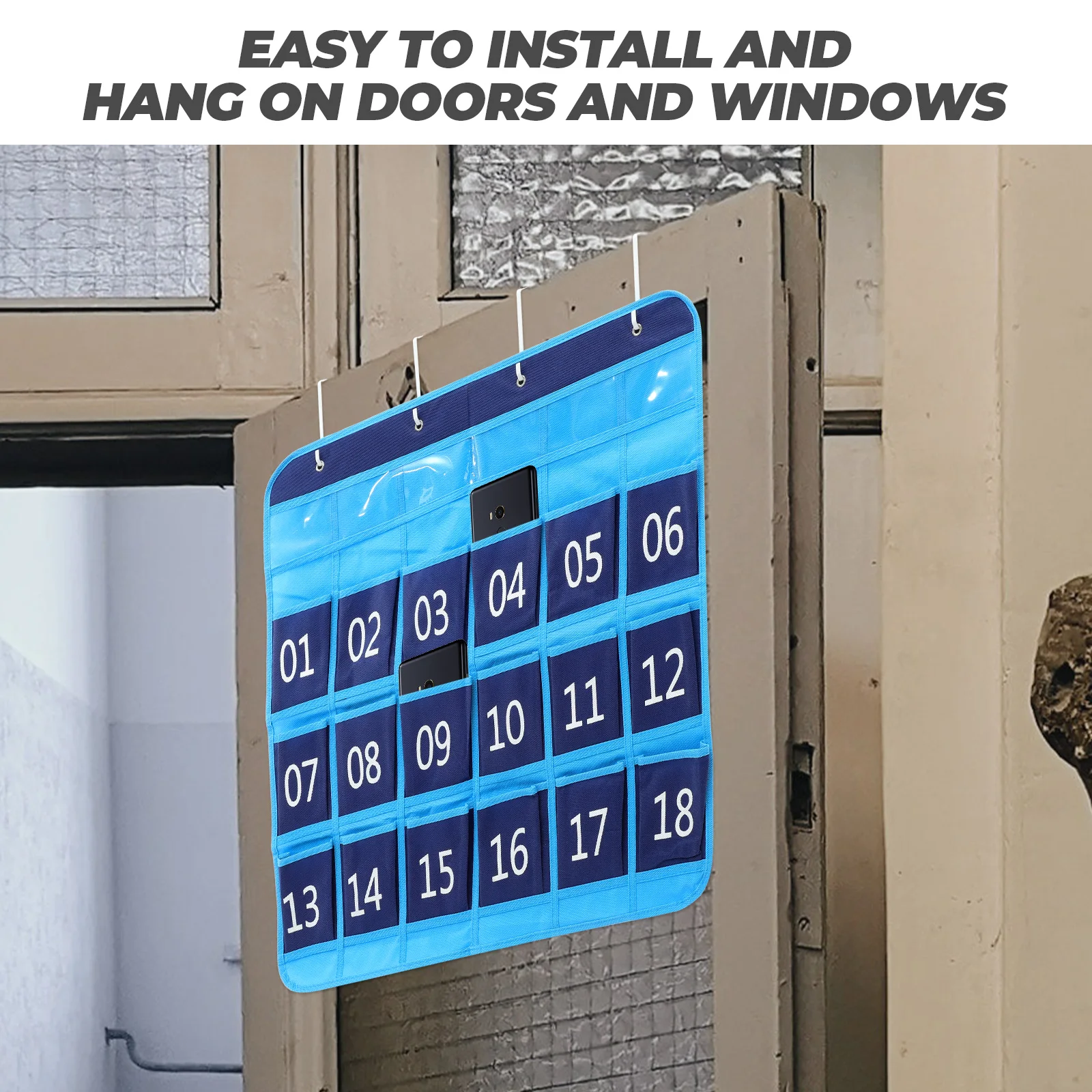 

Numbered Pocket Chart Classroom Phone Organizer Hanging Cell Phone Storage Bag Cloth Iron Material Multiple Pocket