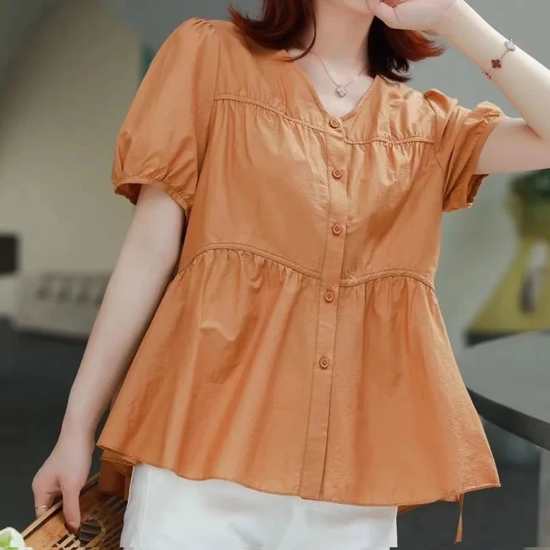 Camisa de manga corta con cuello en V para mujer, cárdigan informal holgado con cintura plisada, Tops elegantes de estilo coreano, novedad de verano