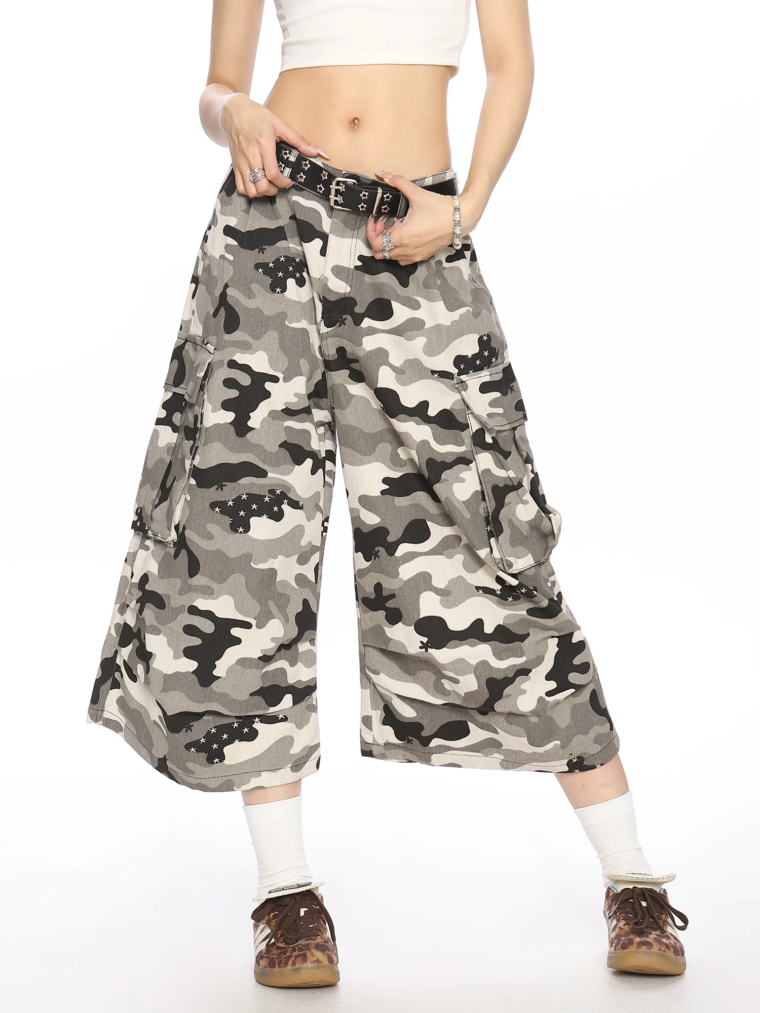 

American Sle Polka Dot Camouflage Work Pants Seven-Foot Loose Wide Leg Casual orts for Women Summer Street Sle Loose Fit