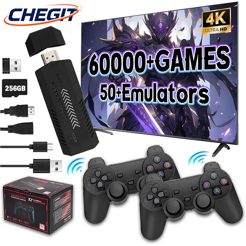 X2 Plus 60000 + jeux 50 + émulateurs Console de jeu vidéo classique 256 go bâton de jeu 4K HD contrôleur sans fil pour PSP/PS1/GBA