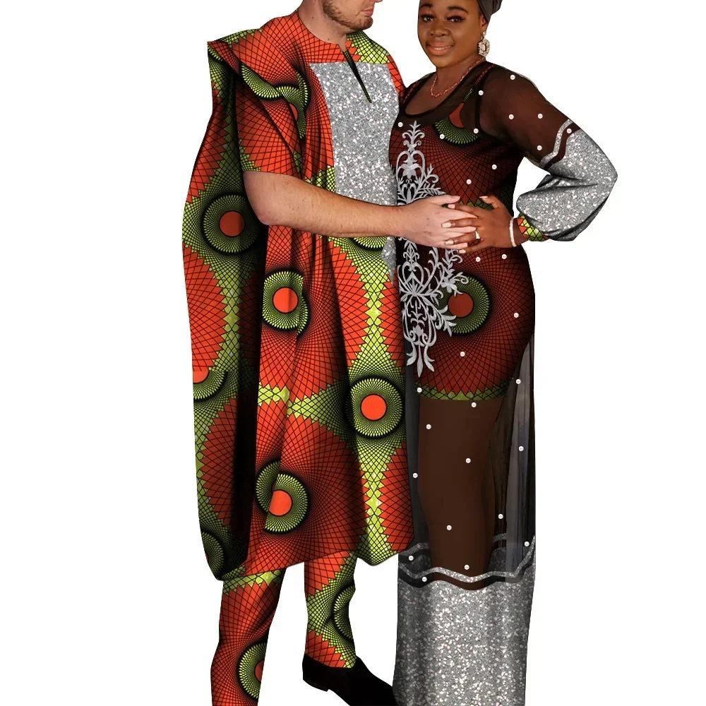 Traditional African Clothing Set for Couple Matching Outfits African Boubous Dashiki Men Robe Suits Women Dresses Wyq806