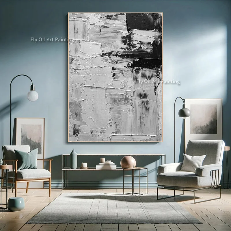 Thick Layered Monochrome Wall Art, Hand‑Crafted Textured Oil Canvas, Grayscale Neutral Contemporary Living Room Statement Piece