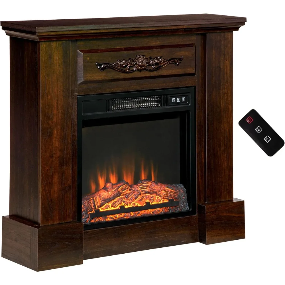 

32" Electric Fireplace with Mantel, Freestanding Heater with LED Log Flame, Overheat Protection and Remote Control, 1400W