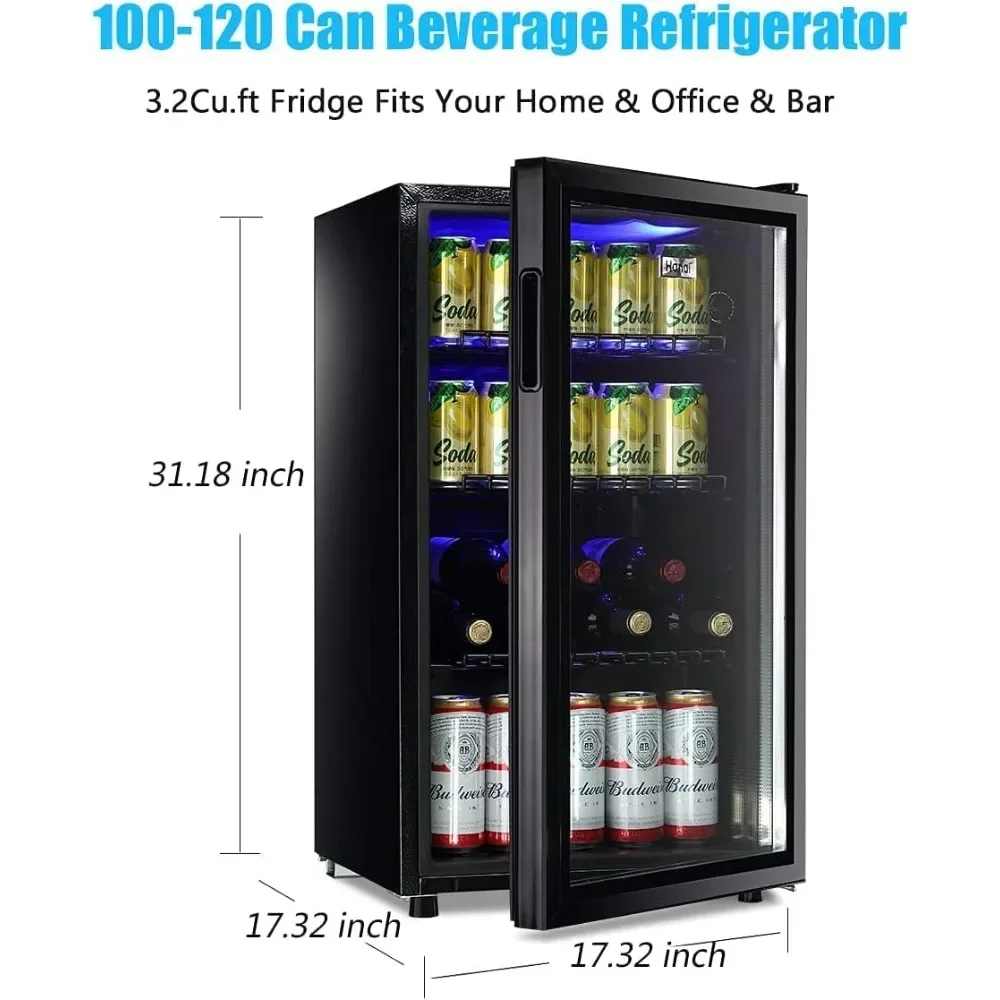 Mini Fridge Glass Door 120 Cans Beverage Refrigerator Small Clear Front Wine Cooler for Soda Beer Drinks Home Office Bar