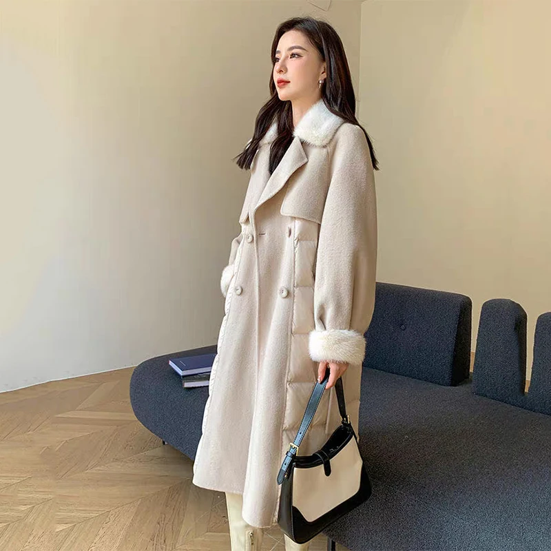 Winter Cashmere Fur Collar Woolen Windbreaker Cotton Coat For Women Adjustable Waist Ladies Long Fashion Overcoat Windbreaker