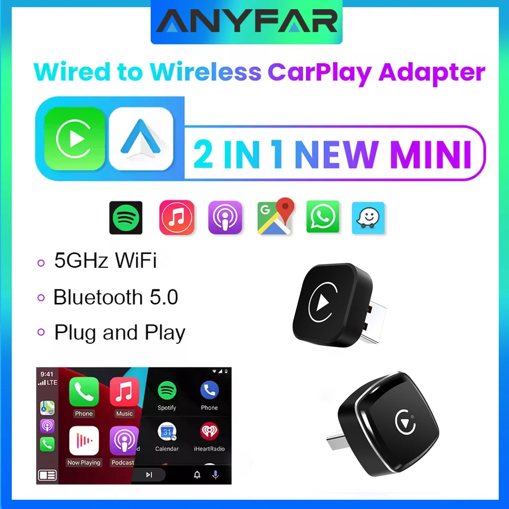 Smart Dongle AI Box 2IN1 Mini Adapter Wired to Wireless Carplay&Android Auto Compatible with 98% of Cars Plug and Play WiFi