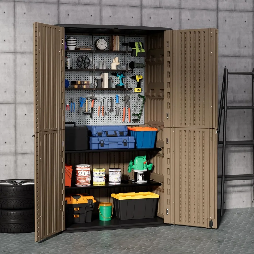 سقيفة تخزين خارجية مقاومة للماء، خزانة راتينج بطول 67 قدم مكعبًا، متينة لأثاث الفناء وأدوات الحدائق وتخزين النفايات