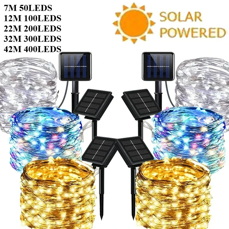 

7M/12M/22/32M Led Solar Copper Wire String Lights for Outdoor Waterproof Courtyard Christmas and Holiday Garden Decoration
