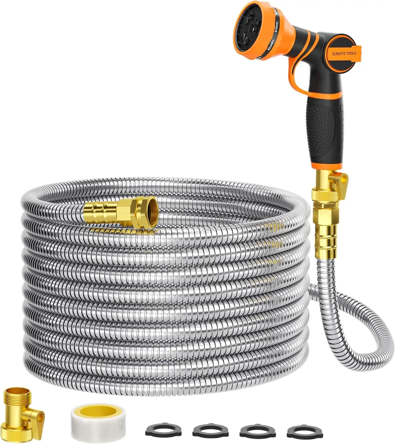 

75ft x 5/8" Stainless Steel Garden Hose, No Kink, Lightweight, with 9-Pattern Spray Nozzle, Leak-Proof, All-Weather Flexible